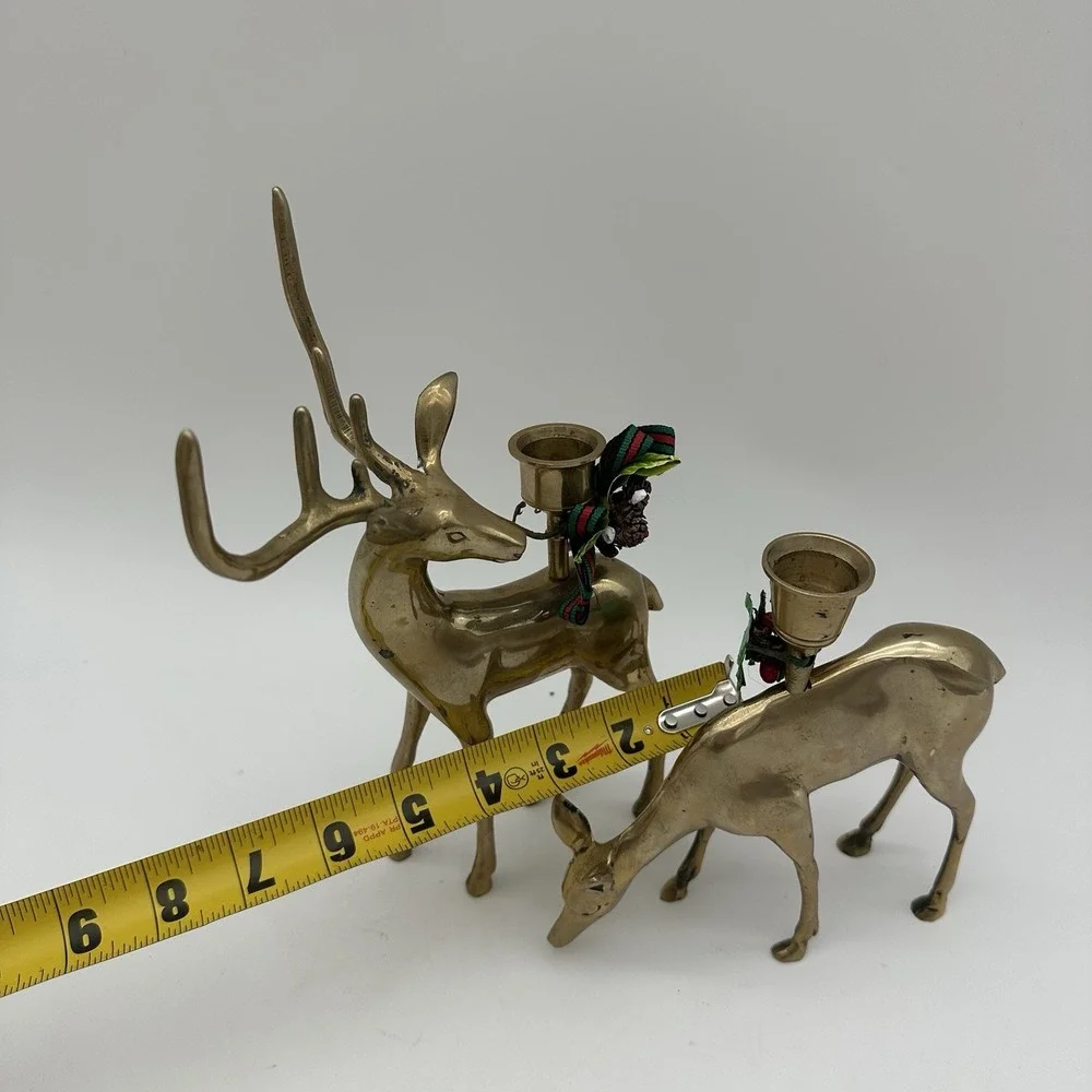 2 Vintage Brass Reindeer Candle Sticks Holders Buck and Doe Set Large Antlers
